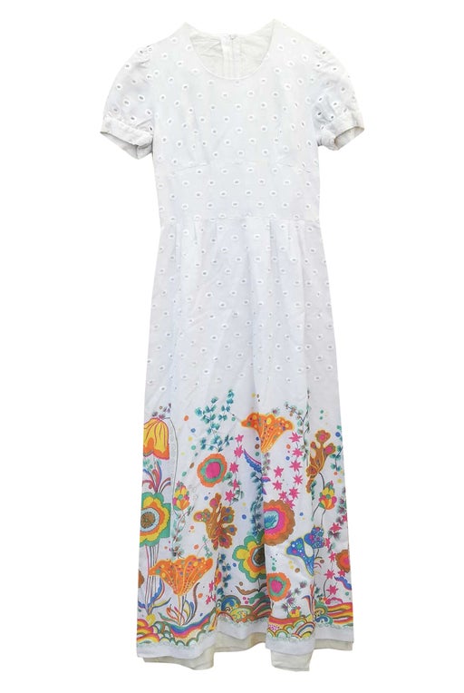 Long white 70s dress, lined, floral patt