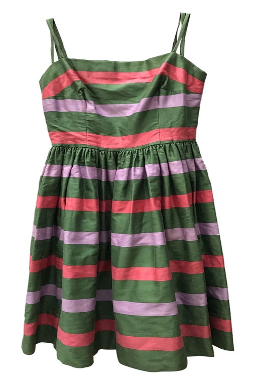 Green seamstress dress with pink stripes
