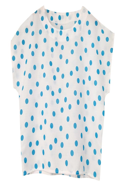 Top with blue and white polka dots. No neck