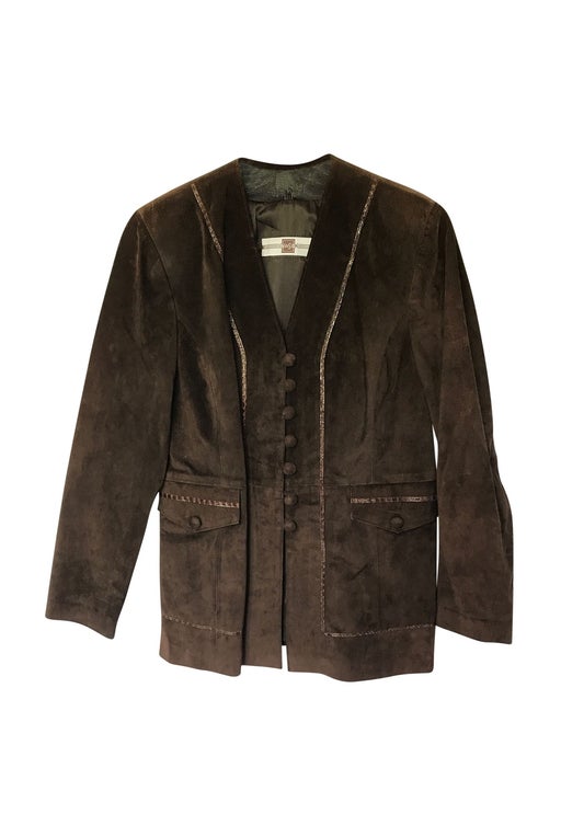Brown suede jacket with front leather pi