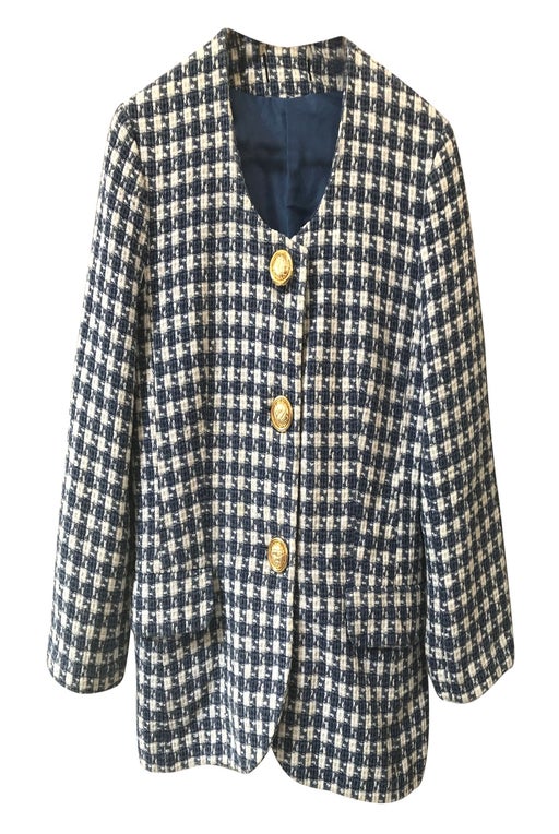 Blue and white gingham jacket, wool, cotton