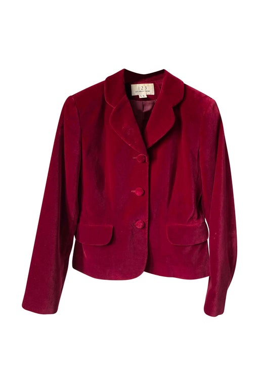 Burgundy velvet jacket, closes with