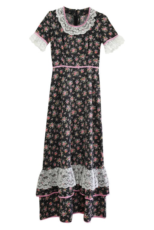 Long 70's cotton dress with fl print