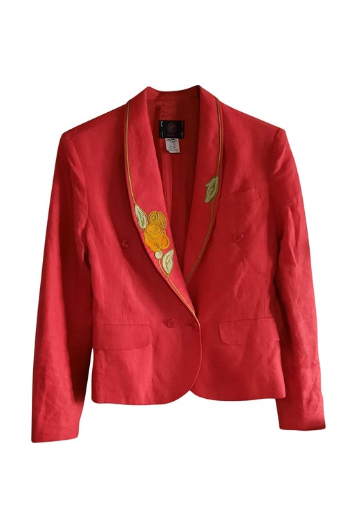 red linen blazer jacket. embroidery collar