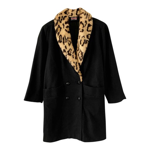 Leopard collar coat, black wool, co