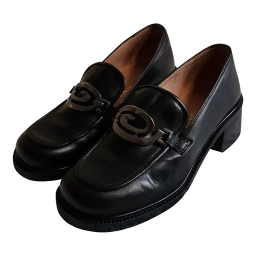 Vintage Shoes  CHANEL Leather Wood Clogs Logo 90's Tan Beige