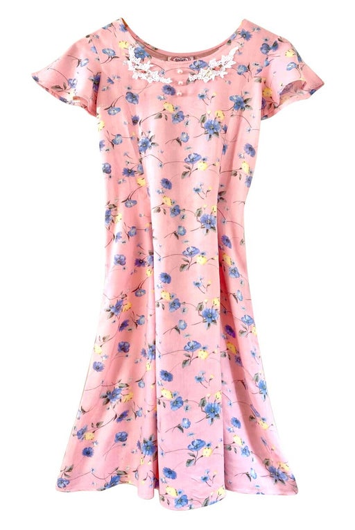 Lace-up dress with flowers in pink viscose