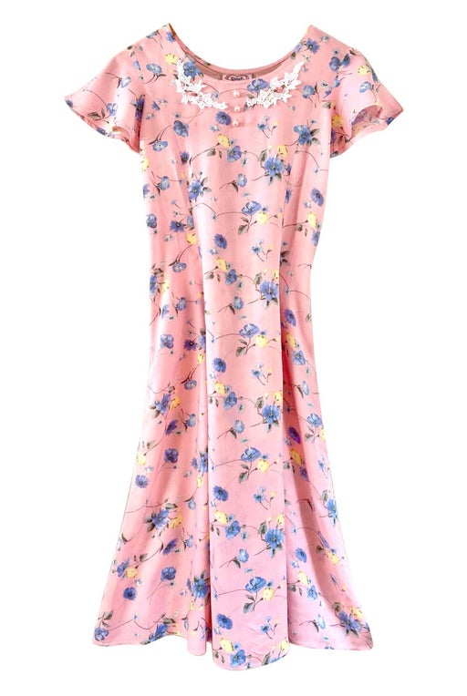 Lace-up dress with flowers in pink viscose