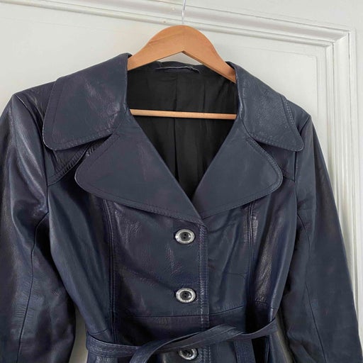Blue leather trench coat