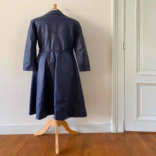 Blue leather trench coat