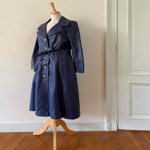 Blue leather trench coat