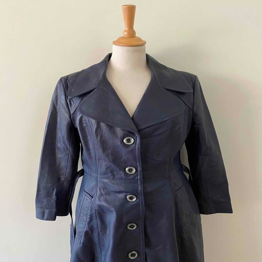 Blue leather trench coat