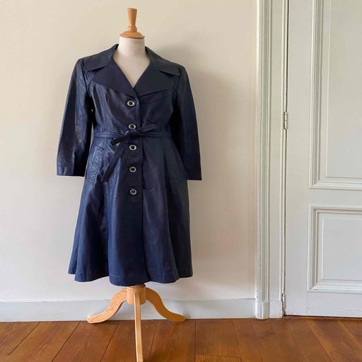Blue leather trench coat