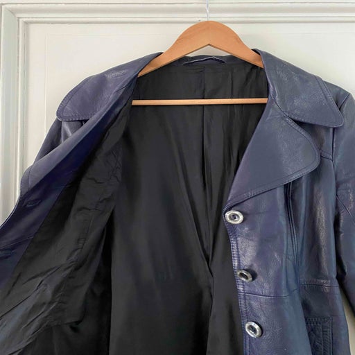 Blue leather trench coat