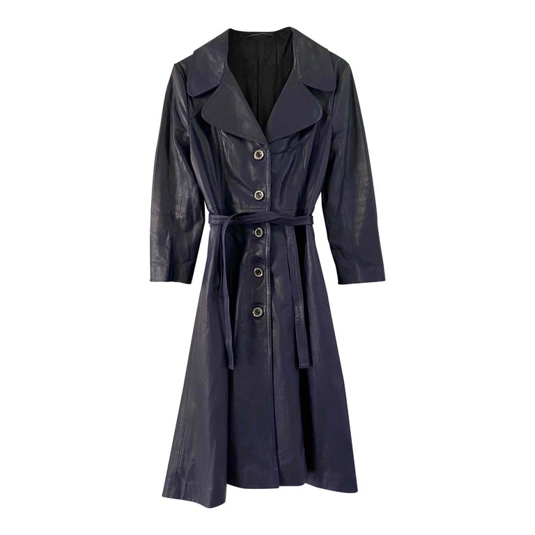 Blue leather trench coat