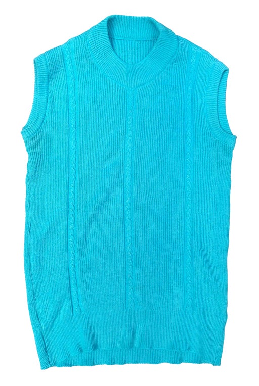 Turquoise blue sleeveless sweater, straight
