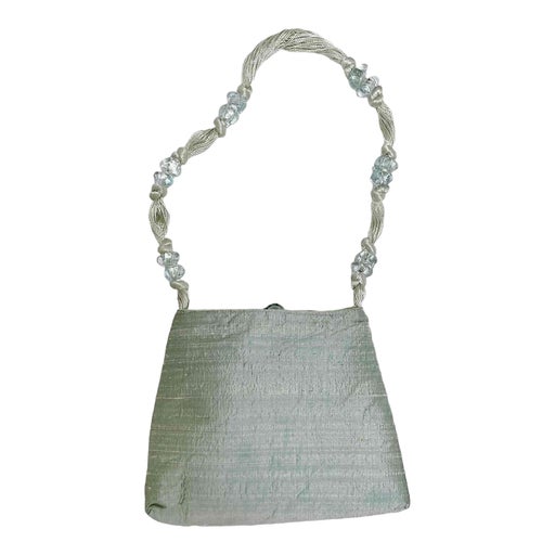 Mini bag in water green shantung silk and pearls