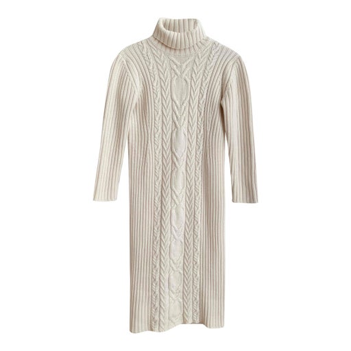 Robe pull longue, col roulé, maille écrue,
