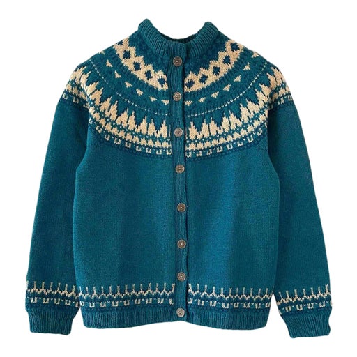 Norwegian cardigan in pure petrol blue wool,