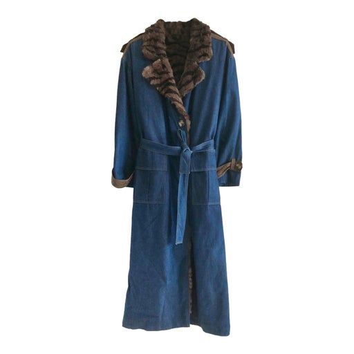 Denim and fur trench coat