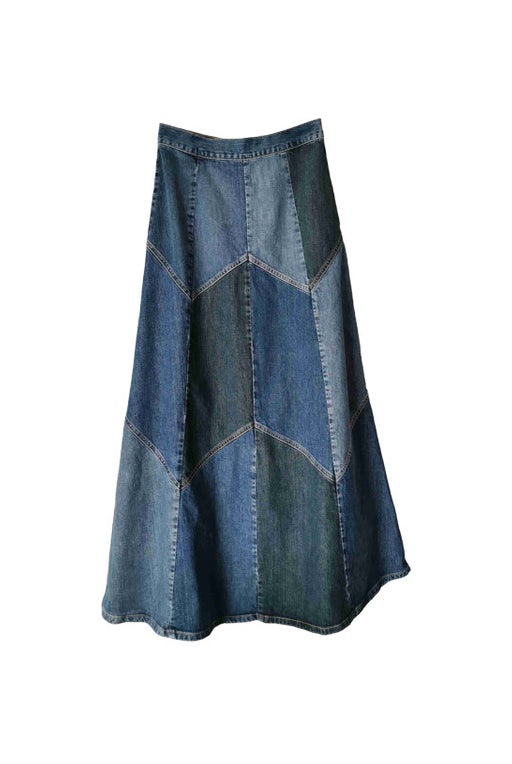 Long patchwork denim skirt