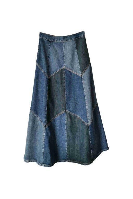 Long patchwork denim skirt