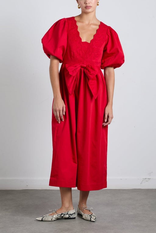 ARIA EMBROIDERED MIDI DRESS WITH BOW